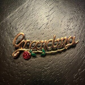 Vintage Gold Tone Grandma Cursive Script Brooch with Red Enamel Rose